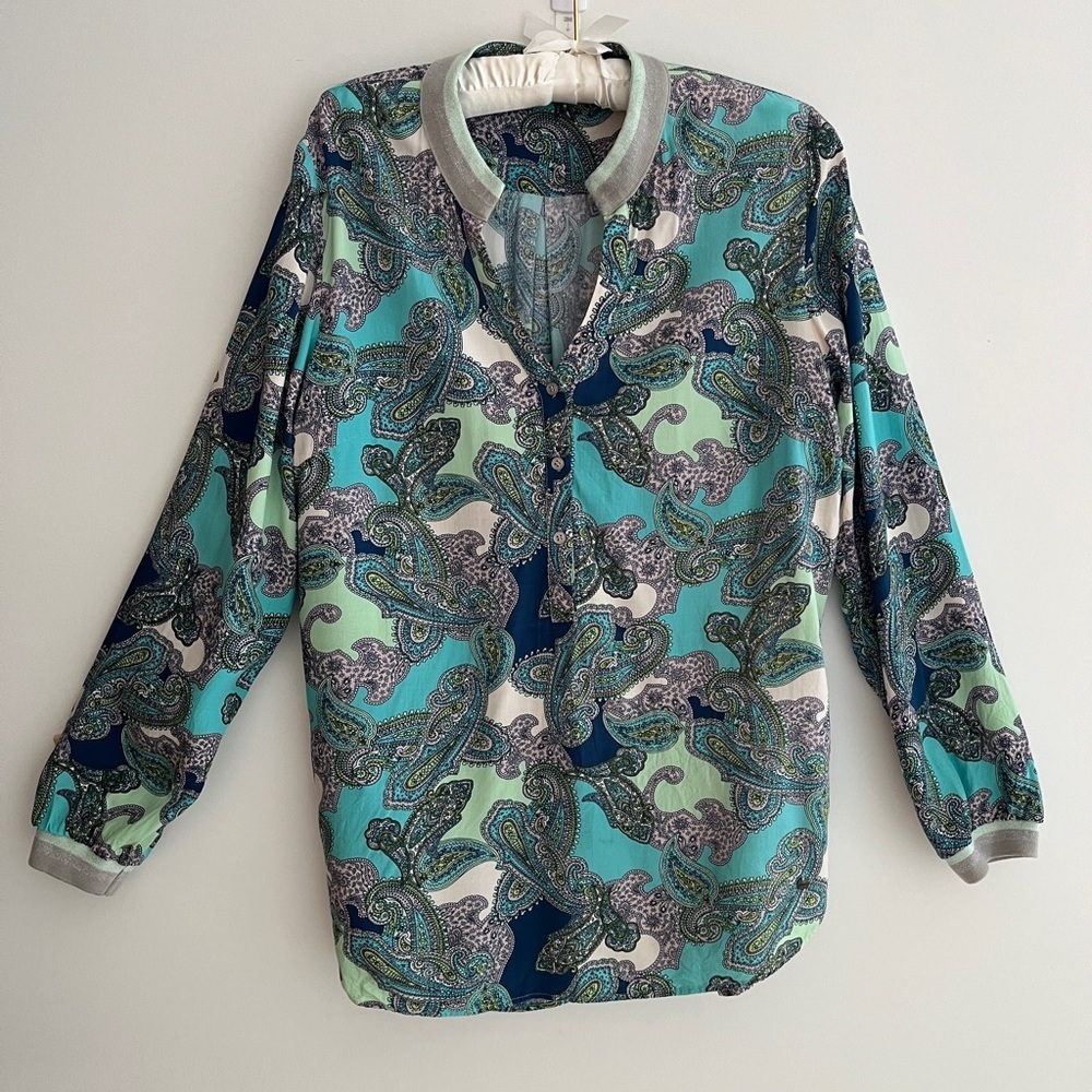 OLSEN Long Sleeve Split Neck Paisley Pullover Blouse Office Casual Travel Boho